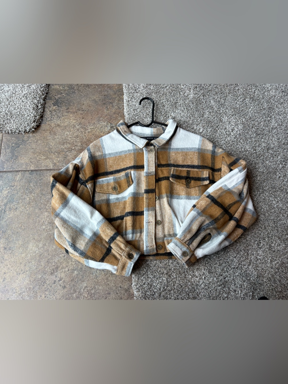 Plaid Button-Up Cropped Shacket in Camel & White